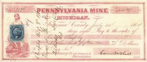 Sam Hill signed Pennsylvania Mine - 1864 dated Revenue Check - Kewenaw County, Michigan