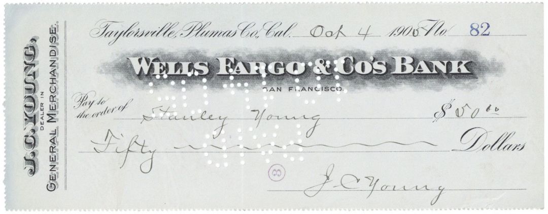 Wells Fargo and Co's Bank - San Francisco, CA 1900's dated Check