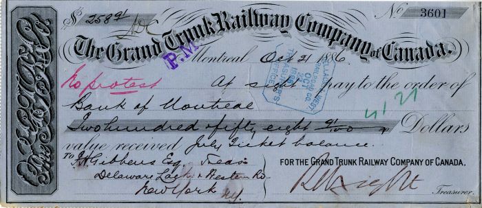 Grand Trunk Railway Co. of Canada - Railroad Check