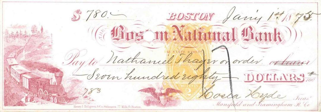 Boston National Bank - 1870's dated Check with Imprinted Revenue - Mansfield & Framingham Railroad Co.