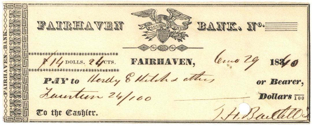 Fairhaven Bank - 1839 or 1840 dated Massachusetts Check - Americana