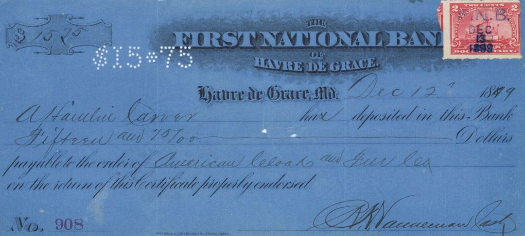 First National Bank of Havre De Grace - 1890's dated Check