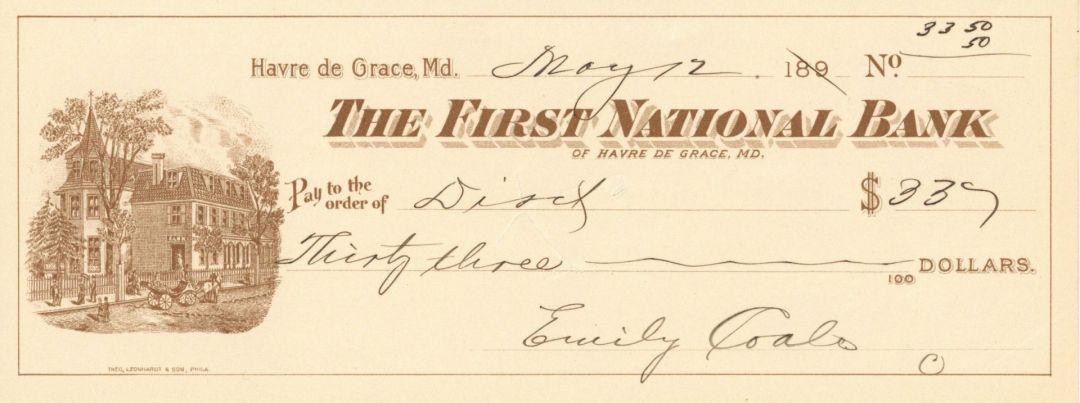 First National Bank of Havre De Grace - Havre De Grace, Maryland - 1900's dated Check
