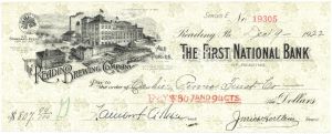Reading Brewing Company - 1918-22 dated Pennsylvania Check - Through First National Bank of Reading