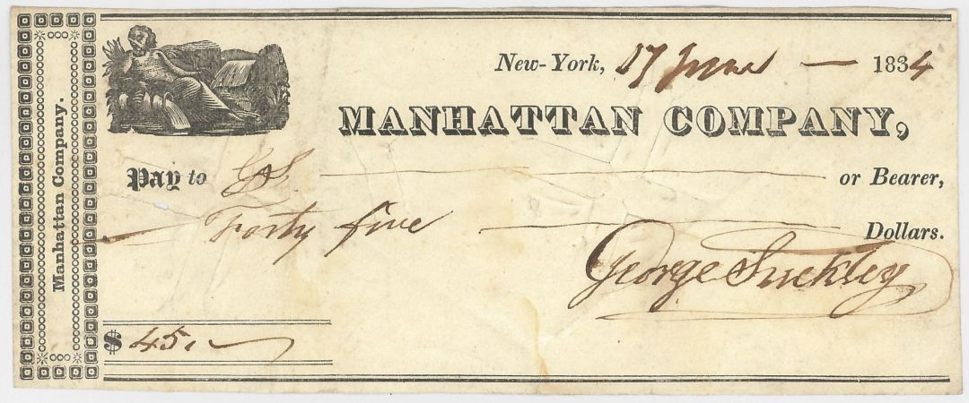 Manhattan Co. Check - Very Early 1834-36's dated New York Bank Check - Fantastic