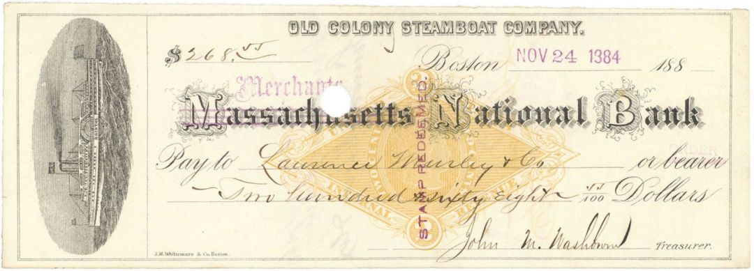 Massachusetts/Merchants National Bank Check for Old Colony Steamboat Company - 1880's dated Shipping Check - Americana