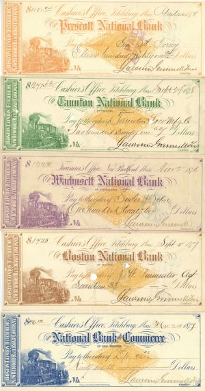 Set of 5 Checks - 1870's dated National Bank of Commerce of New Bedford, Massachusetts - Group of Five Checks