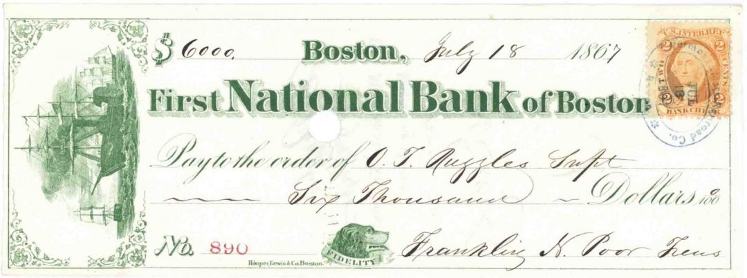 First National Bank of Boston - 1860's Check with U.S. Revenue - signed by Franklin N. Poor