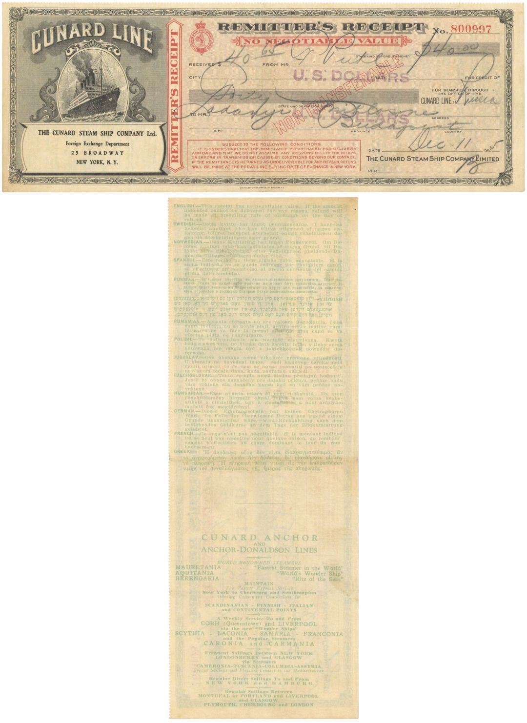 Cunard Line Steam Ship Co. Ltd. - Shows 14 Different Languages at Back - 1920's dated Shipping Check