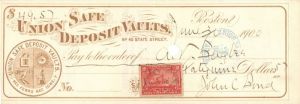 Union Safe Deposit Vaults - Boston, Massachusetts - 1900's dated Check