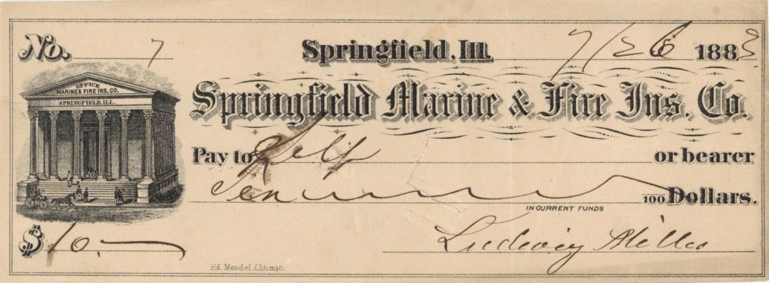 Springfield Marine and Fire Ins. Co. - Illinois Check dated 1883