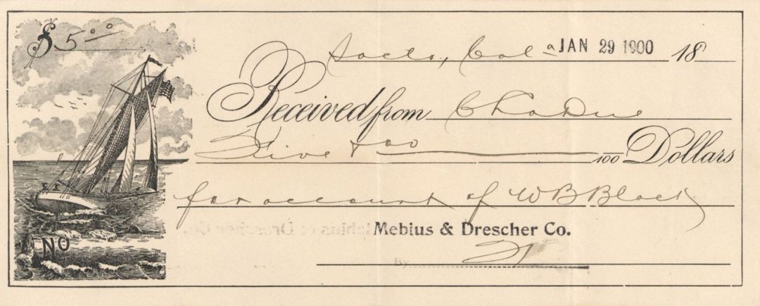 Mebius and Drescher Co. - 1900 dated Sacramento, California Check