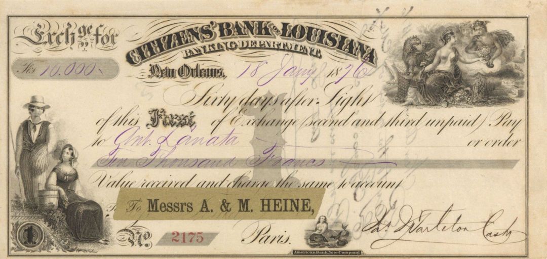 Citizens' Bank of Louisiana Check - Jan. 18, 1876 dated Check