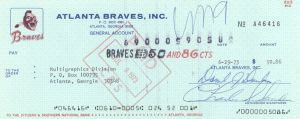 Atlanta Braves, Inc. - 1973 dated Check