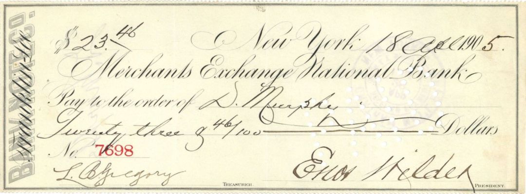 Merchants Exchange National Bank - 1905 dated Check - Most Likely at 55 Wall Street