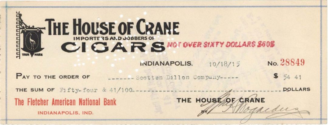 House of Crane - Cigar Importers and Jobbers - Fletcher American National Bank - 1915 or 1917 dated Indianapolis Check