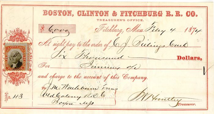 Boston, Clinton and Fitchburg R.R. Co. - Railroad Check