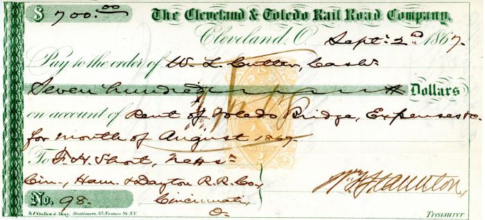 Cleveland and Toledo Rail Road Co. - Railroad Check