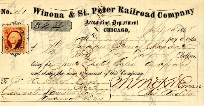 Winona and St. Peter Railroad Co. - Railroad Check with Revenue