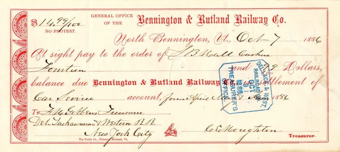 Bennington and Rutland Railway Co. - Railroad Check