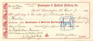 Bennington and Rutland Railway Co. - Railroad Check