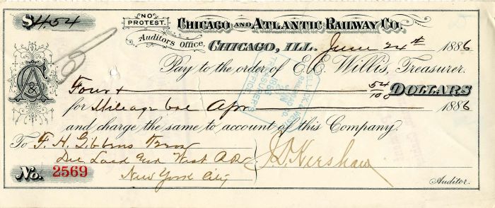 Chicago and Atlantic Railway Co. - Railroad Check