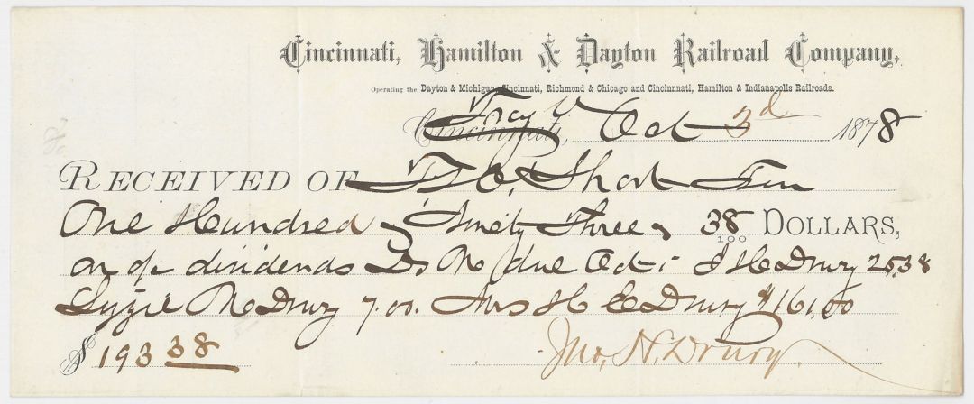Cincinnati, Hamilton and Dayton Railroad Co. - 1870's dated Ohio Railway Check