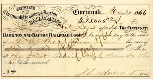 Cincinnati, Hamilton and Dayton Railroad Co. - 1866 dated Railway Check