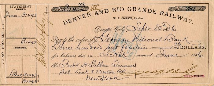 Denver and Rio Grande Railway - Railroad Check