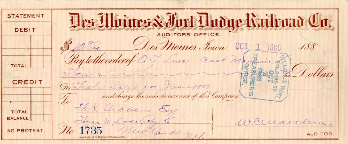 Des Moines and Fort Dodge Railroad Co. - Railroad Check