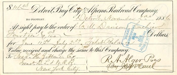 Detroit, Bay City and Alpena Railroad Co. - Railroad Check