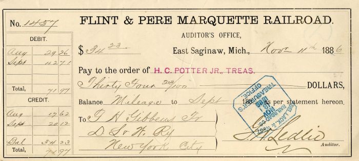 Flint and Pere Marquette Railroad  - Railroad Check