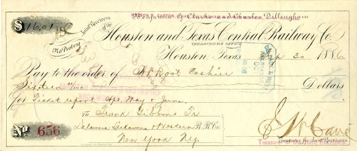 Houston and Texas Central Railway Co. - Railroad Check