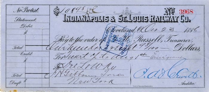 Indianapolis and St. Louis Railway Co.  - Railroad Check