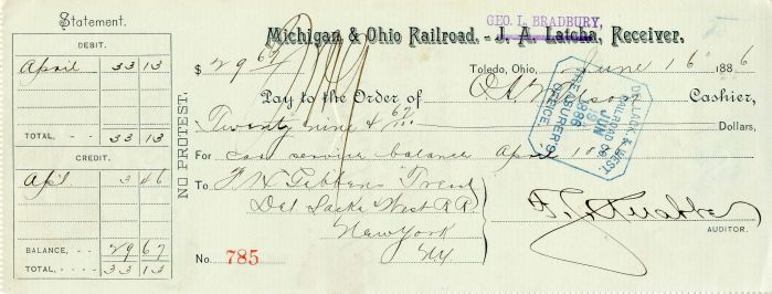 Michigan and Ohio Railroad - Railroad Check