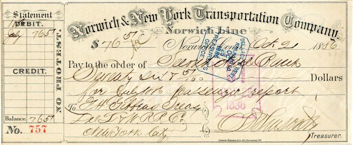 Norwich and New York Transportation Co. - Railroad Check