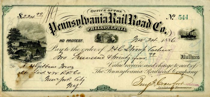 Pennsylvania Rail Road Co. - Railroad Check