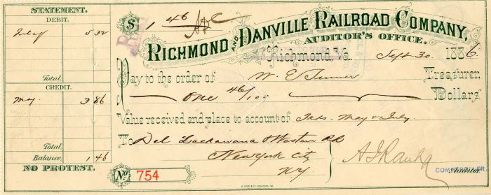 Richmond and Danville Railroad Co. - Railroad Check