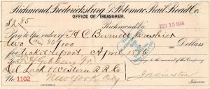 Richmond, Fredericksburg and Potomac Rail Road Co. - Railway Check