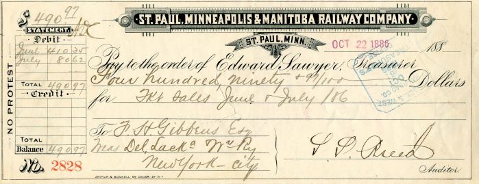 St. Paul, Minneapolis and Manitoba Railway Co. - Railroad Check