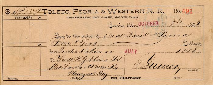 Toledo, Peoria and Western R.R. - Railroad Check