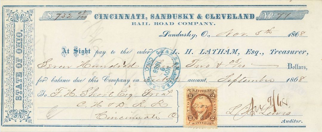 Cincinnati, Sandusky and Cleveland Rail Road Co. - 1868 dated Railway Check with Revenue
