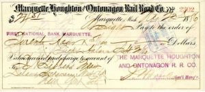 Marquette, Houghton and Ontonagon Rail Road Co. - 1886 dated Michigan Railroad Check