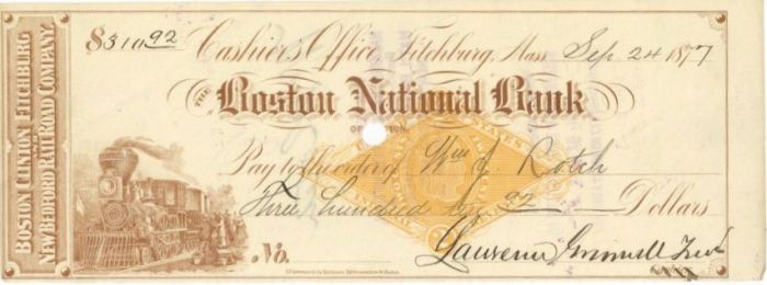 Boston Clinton Fitchburg and New Bedford Railroad Co. - Railroad Checks
