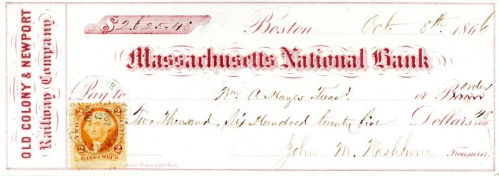 Old Colony & Newport Railway Co. - Massachusetts National Bank - Check