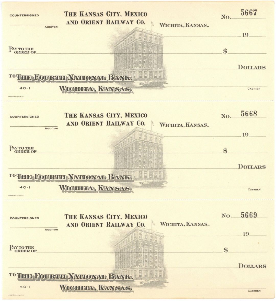 Early 1900's Sheet of 3 Railroad Checks for the Kansas City, Mexico and Orient Railway Co. - Witchita, Kansas Sheet of Three Railway Checks