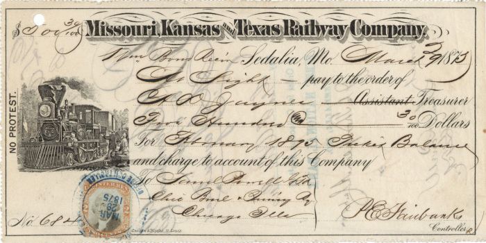 Missouri, Kansas and Texas Railway Co. - "The Katy" - 1873 dated Railroad Check
