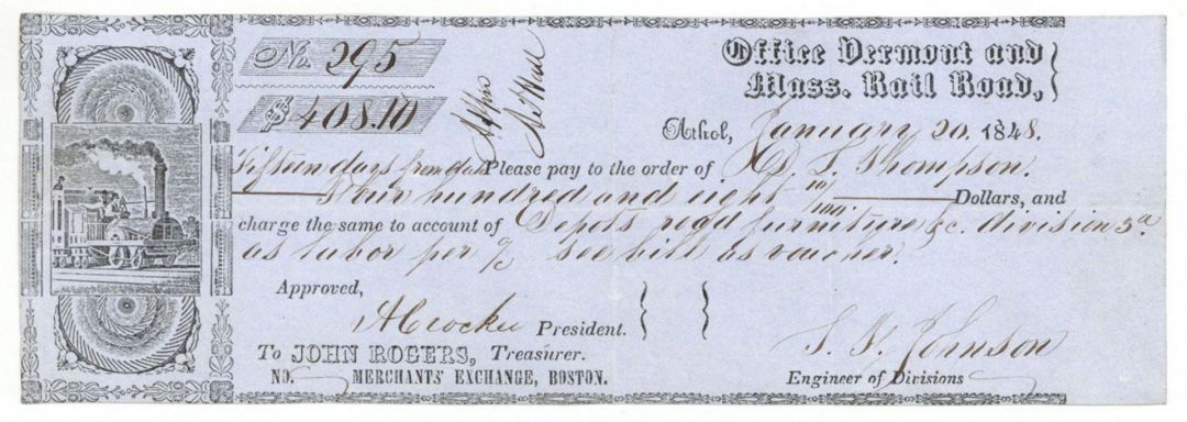 Vermont and Mass. Rail Road - Railroad Check