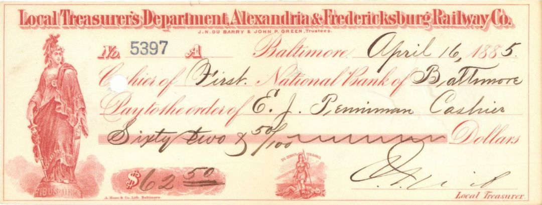 Local Treasurer's Department, Alexandria and Fredericksburg Railway Co. -  Checks