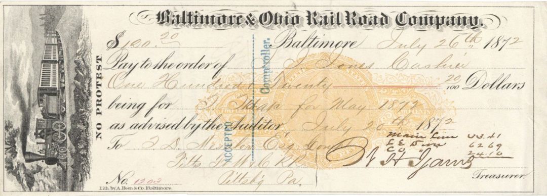 Baltimore and Ohio Rail Road Co. - 1872 dated Railway Check - Americana